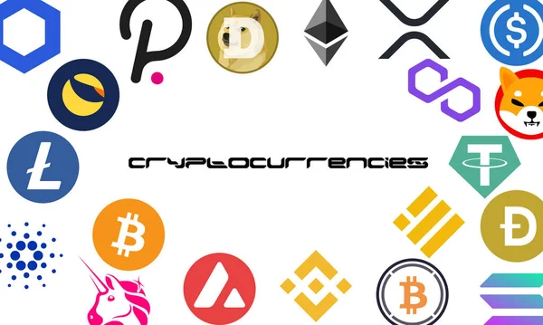 Kryptomens Vit Bakgrund Illustration Bitcoin Ethereum Binance Solana Tether Och — Stockfoto