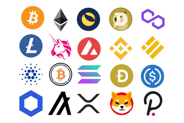  Beyaz arkaplandaki şifrelemeler, 3d illüstrasyon, Bitcoin, Ethereum, Binance, Solana, Teller ve diğer kriptomenlerin pankartlar, kartpostallar için kullanılması