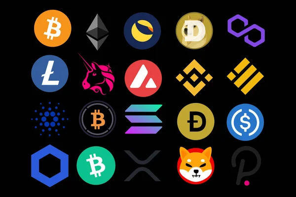Siyah arka planda kripto para logoları, kriptomens, İş ve Finans, Gelecek Finans, Engelleme zinciri, Bitcoin, Ethereum, Binance Coin