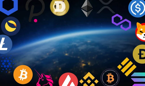 Logos Des Pièces Crypto Monnaie Cryptomens Sur Fond Noir Affaires — Photo