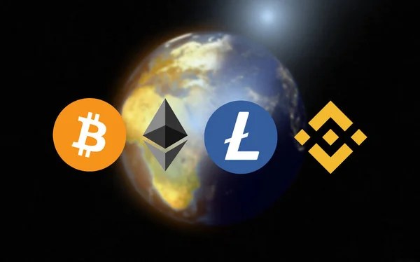 Logos Cryptocurrency Mynt Cryptomens Svart Bakgrund Business Finance Future Finance — Stockfoto