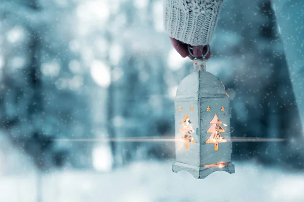 Girl Holds Hands White Christmas Lantern Lamp Walking Snowy Forest — Stock Photo, Image