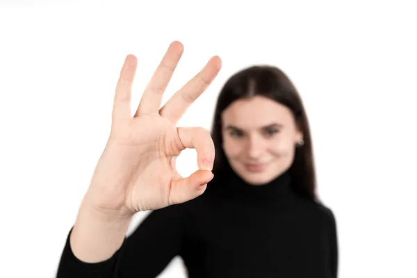 Okey Beautiful Brown Haired Girl Shows Sign Okey Fingers — Stock Photo, Image