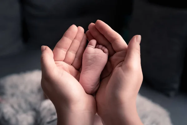 Madre Sostiene Los Pies Bebé Recién Nacido Sus Brazos Amor — Foto de Stock