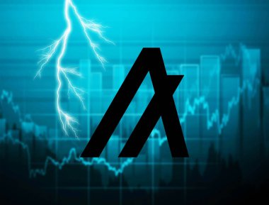 Algorand, sanal, dijital kripto para birimi konsepti. Grafikleri ve bitcoin parası olan yatırım platformu, 3 boyutlu illüstrasyon