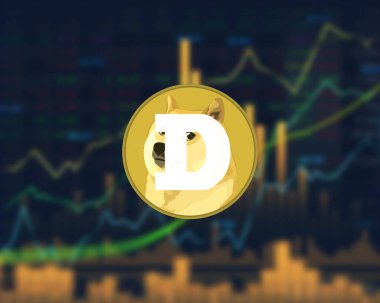  Dogecoin, sanal, dijital kripto para birimi konsepti. Grafikleri ve bitcoin parası olan yatırım platformu, 3 boyutlu illüstrasyon