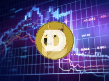  Dogecoin, sanal, dijital kripto para birimi konsepti. Grafikleri ve bitcoin parası olan yatırım platformu, 3 boyutlu illüstrasyon