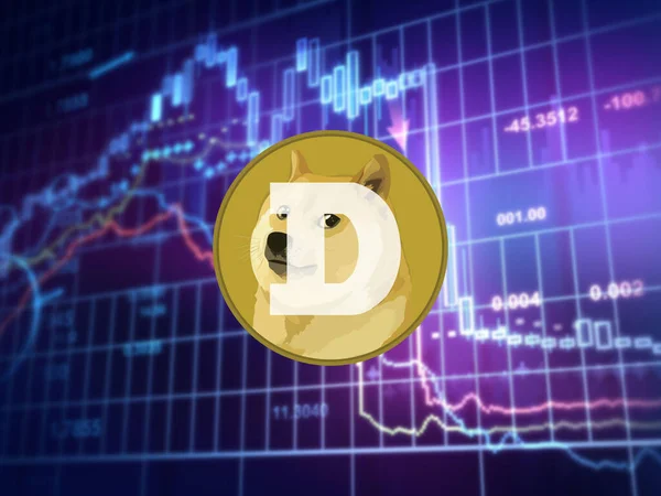  Dogecoin, sanal, dijital kripto para birimi konsepti. Grafikleri ve bitcoin parası olan yatırım platformu, 3 boyutlu illüstrasyon