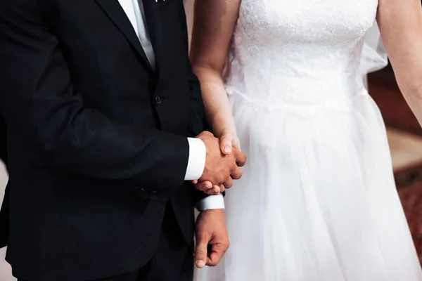 Mani Immagine Uomo Donna Con Fede Nuziale Sposo Sposa Durante — Foto Stock