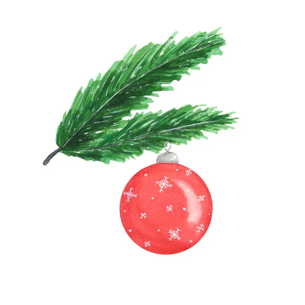 Watercolor red Christmas Ball and fir branch. Hand painting illustration. Isolated on white background. Happy New Year — Stock Photo, Image