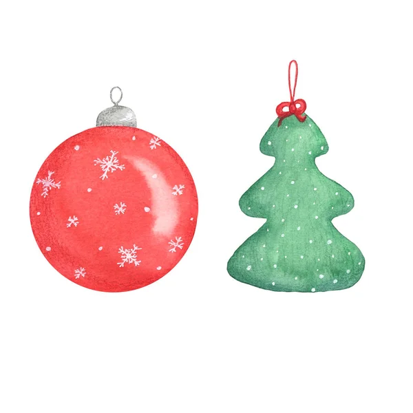 Aquarell rote Weihnachtskugel und grünes Baumspielzeug. Handgemalte Illustration. Vereinzelt auf weißem Hintergrund. Set Weihnachtsbaumspielzeug. Frohes neues Jahr. — Stockfoto