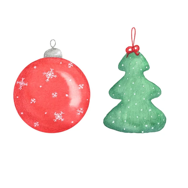 Suluboya kırmızı Noel Balosu ve yeşil ağaç oyuncağı. El resmi çizimi. Beyaz arka planda izole edilmiş. Noel oyuncaklarını hazırla. Mutlu yıllar..