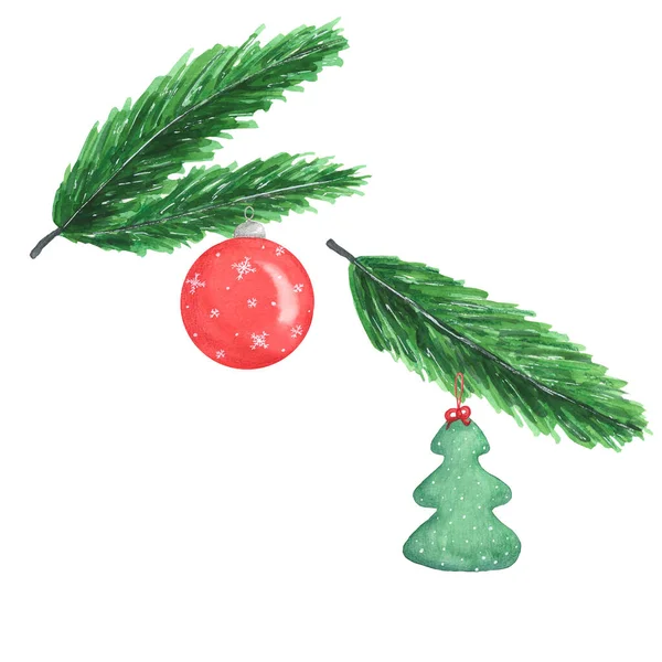 水彩赤クリスマスボールとモミの枝。太い枝と緑の木のおもちゃ。手描きイラスト。白い背景に隔離されている。明けましておめでとうございます — ストック写真