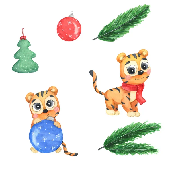 Yeni yıl kaplanı. Suluboya resimlerin Noel seti. Beyaz arka planda izole bir illüstrasyon. İki kaplan fincanı. iki Noel oyuncağı