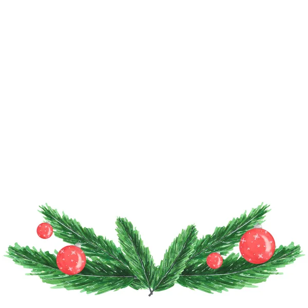 Watercolor winter wreath with red Christmas tree ball. Hand painted fir branches, isolated on white background. Christmas illustration for design, print, postcard — Stock Photo, Image