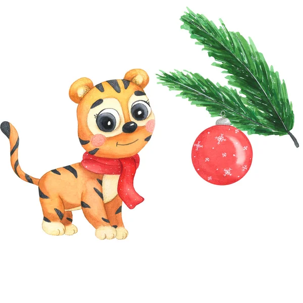 Akvarel single baby tygr a smrk větev a červený vánoční míč. Izolované na bílém pozadí. Tygří ilustrace. Pohlednice, tisk, plakát.Zvířata. Vodnářská smrková větev. — Stock fotografie