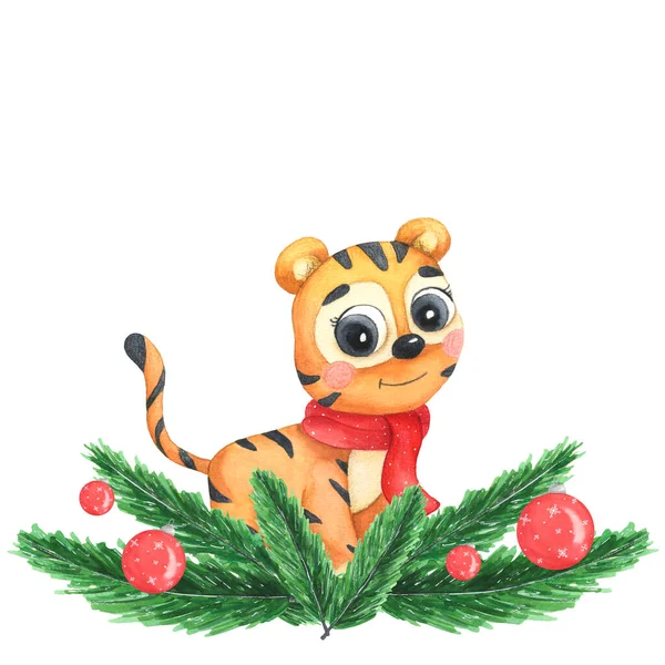 Aquarellkranz mit roter Kugel und Tigerjungtier. Handbemalte Tannenzweige, isoliert auf weißem Hintergrund. Weihnachtsillustration für Design, Druck, Postkarte. Aquarell-Tiger. — Stockfoto