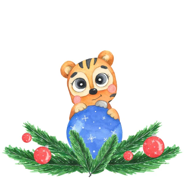 Watercolor wreath with red ball and tiger cub. Hand painted fir branches, isolated on white background. Christmas illustration for design, print, postcard. Watercolor tiger. Blue Christmas tree ball. — Stock Photo, Image