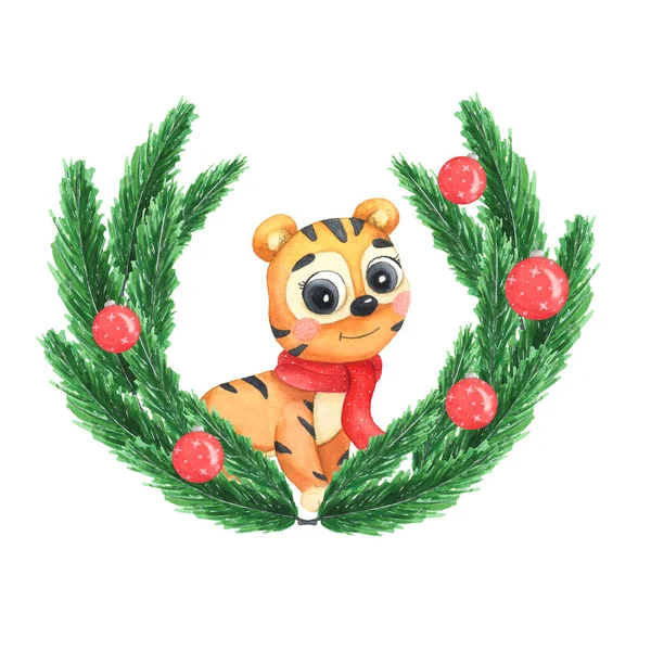 Watercolor wreath with red ball and tiger cub. Hand painted fir branches, isolated on white background. Christmas illustration for design, print, postcard. Watercolor tiger. — Stock Photo, Image