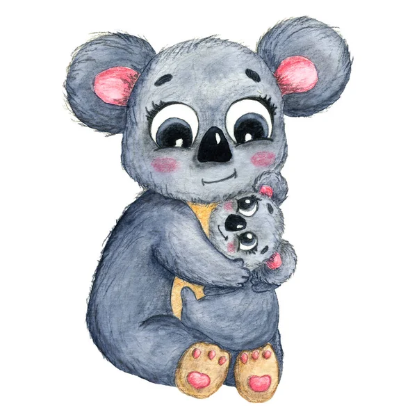 Koala ailesi. Anne ve bebek. Suluboya çizimi. Beyaz arkaplanda izole edilmiş.