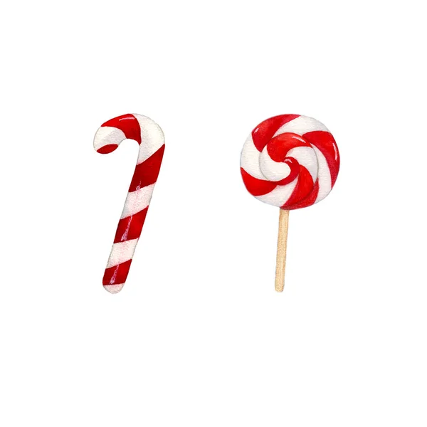 Suluboya Noel dekoru. İki Noel şekeri, lolipop. El boyaması illüstrasyon. İzole edilmiş. 