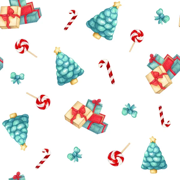 Hediye kutuları, lolipop, yay ve Noel ağacı olan suluboya desenler. Paket kağıdı