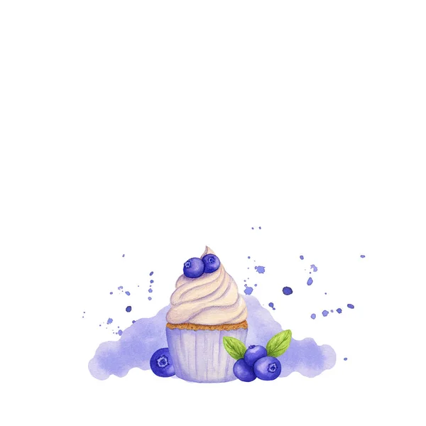 Handgezeichnete Aquarell-Komposition Cupcake mit Blaubeeren verziert. Veilchen spritzt. Isoliert. Verwendung für Karte, Plakat — Stockfoto