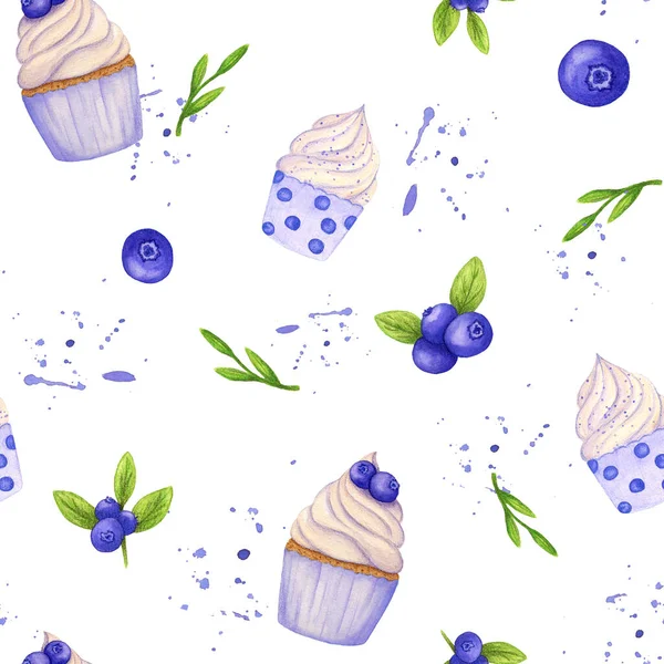 Padrão sem costura com amoras suculentas e cupcake no fundo branco. salpicos roxos e elementos aquarela pintados à mão verde.Ilustração para scrapbooking, cartões e revistas botânicas — Fotografia de Stock