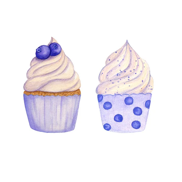 Conjunto de aquarela desenhada à mão de cupcakes decorados com bagas. Mirtilo. Isolado. para cartão, cartaz — Fotografia de Stock