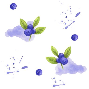 Beyaz arka planda sulu yaban mersini desenleri var. mor lekeler ve elle boyanmış yeşil suluboya elementler. Albüm, kartlar ve botanik dergileri için resim.