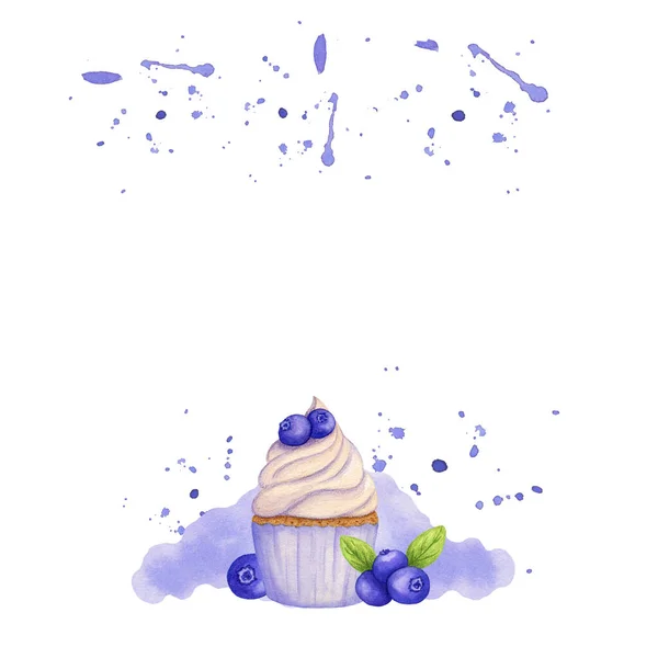 Aquarell Banner Cupcake mit Blaubeeren dekoriert. Veilchen spritzt. Isoliert. Verwendung für Karte, Plakat — Stockfoto