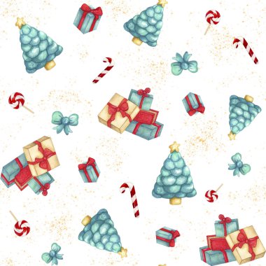 Kutular dolusu hediyeli suluboya desenler, lolipop, yay ve sarı spreyli Noel ağacı. Paket kağıdı