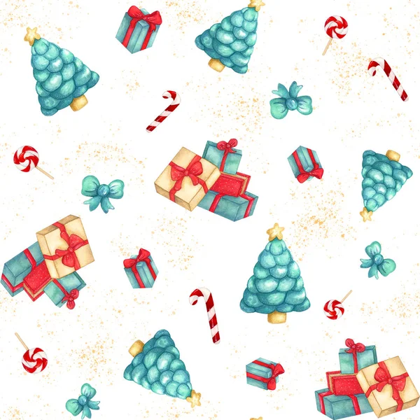 Υδατογραφία μοτίβο με κουτιά των δώρων, γλειφιτζούρι, τόξο και χριστουγεννιάτικο δέντρο με κίτρινο σπρέι. Χαρτί περιτυλίγματος — Φωτογραφία Αρχείου