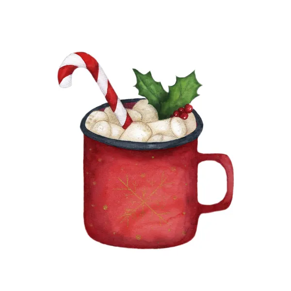 Watercolor Red cups, hot chocolate with marshmallows on an isolated white background, for card, postcard — Stock Photo, Image