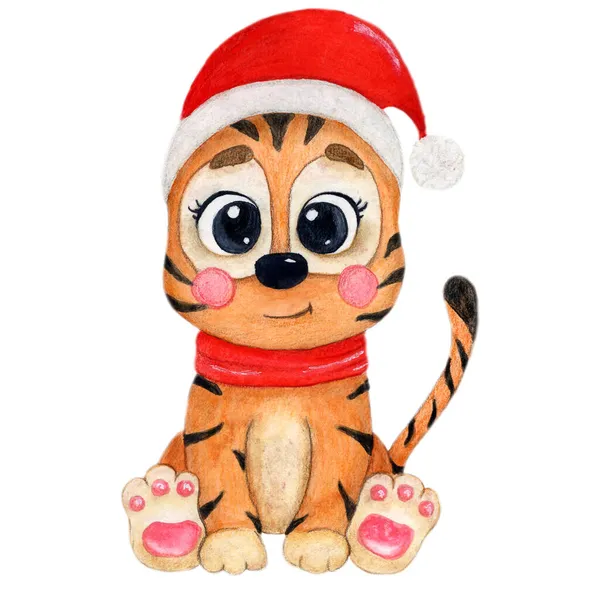 Акварель милый тигр. Новогодняя иллюстрация, детская вечеринка, животное. Тигренок изолирован на белом фоне. Открытка, открытка, плакат — стоковое фото