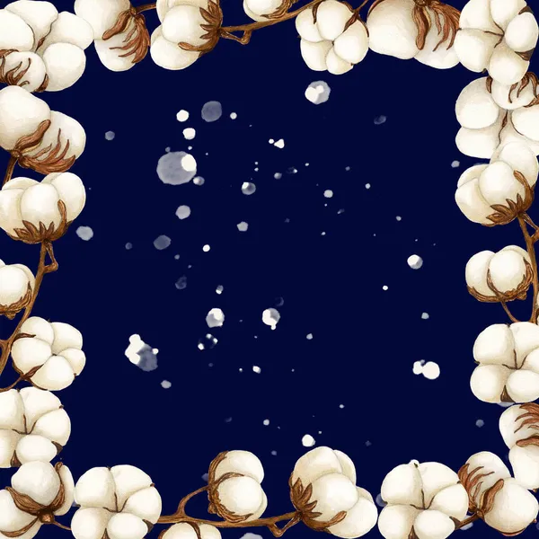 Aquarel frame Katoen bloem op de blauwe achtergrond met spatten. Aquarelle wilde bloem voor achtergrond, textuur, kaart, frame, wieden — Stockfoto