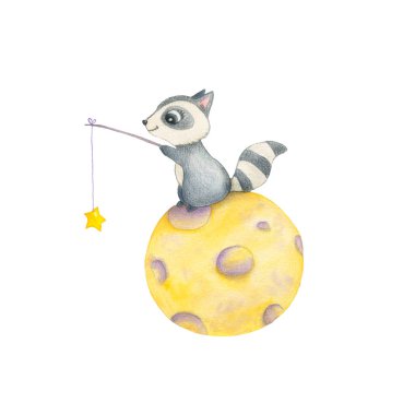 Ay ve yıldızlı suluboya tatlı bir rakun. Beyaz arka planda izole edilmiş. El çizimi. Kart, doğum günü, kartpostal için resim.