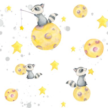 Suluboya desenli, ay ve yıldızlı birkaç rakun. Beyaz arka plan ve gri lekeler. El çizimi. Kart, doğum günü, kartpostal için resim.