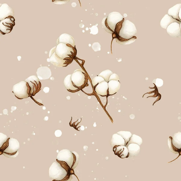 Suluboya Pamuk Yumuşaklığı bej arka planda lekeli kusursuz desen. Arkaplan, doku, kart, çerçeve için Botanik Aquarelle yabani çiçeği