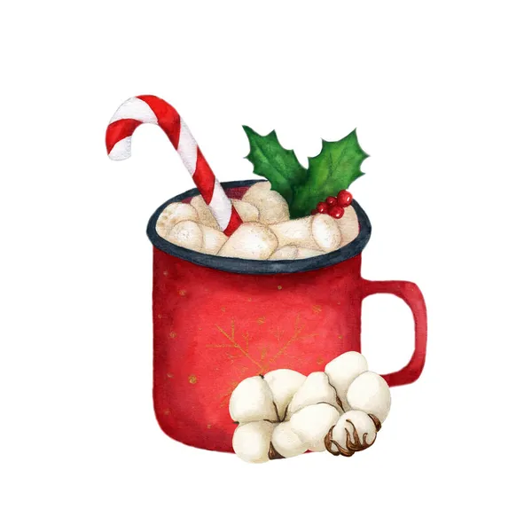 Aquarela Copos vermelhos, algodão, chocolate quente com marshmallows em um fundo branco isolado, para cartão, cartão postal — Fotografia de Stock