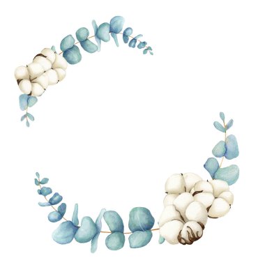 Çiçekli suluboya çelenk okaliptüs ve pamuk. Beyaz arka planda el çizimi. Botanik sanat geçmişi. Düğün kırtasiyesi, selamlar, duvar kağıtları, moda, geçmiş