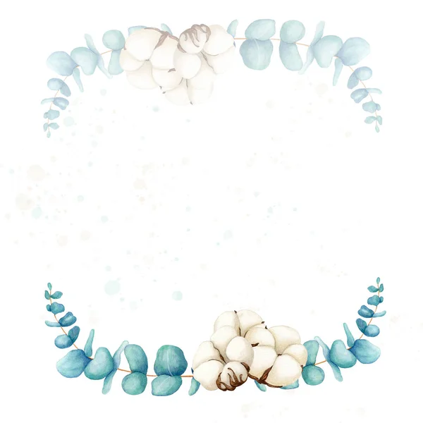 水色の花の花輪ユーカリとスプラッシュと綿。白地に描かれた手。植物画の背景。結婚式のための固定、挨拶、壁紙、ファッション、背景 — ストック写真