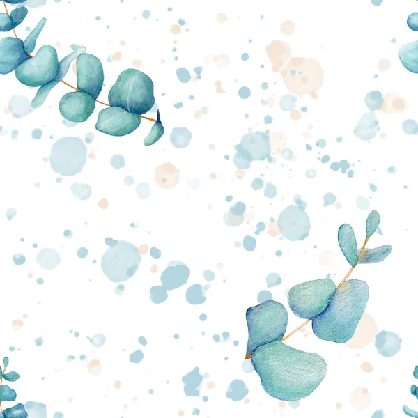 Aquarel delicate bloemmotief eucalyptus met spatten. Handgetekend. Botanische kunst achtergrond. Voor bruiloft stationaire, groeten, wallpapers, mode, achtergrond. Eucalyptus, katoen — Stockfoto