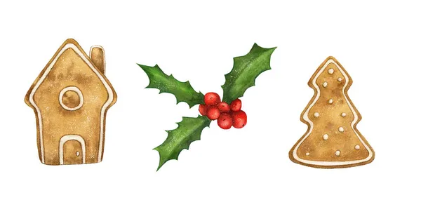 ウォーターカラージンジャーブレッドハウス、クリスマスツリー、ホリー-クリスマスジンジャークッキー。白い背景に隔離されています。カード、ポストカード。手描き — ストック写真