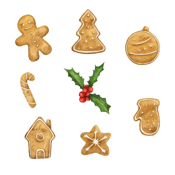 Suluboya Noel kurabiyesi seti. Beyaz arka planda izole edilmiş. Kart olarak, kartpostal olarak. Noel tebrik kartı. El çizimi.