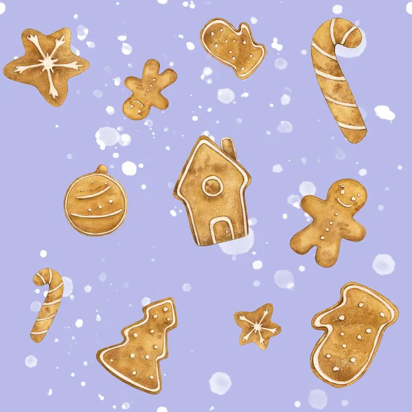 Watercolor seamless pattern of cute watercolor gingerbread. Christmas gingerbread cookies on the lavender background with splashes. Use for card, postcard, packaging paper. watercolor illustration — Stock Photo, Image