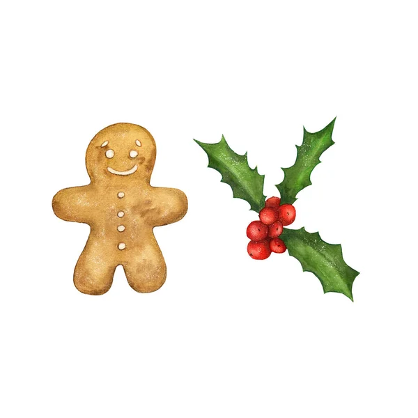 Suluboya zencefilli kurabiye adam ve Holly Noel kurabiyesi. Beyaz arka planda izole edilmiş. Kart, kartpostal için. El çizimi