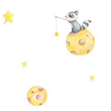 Suluboya desenli ay ve yıldızlı şirin bir rakun. Beyaz arka plan. El çizimi. Kart, doğum günü, kartpostal için resim.