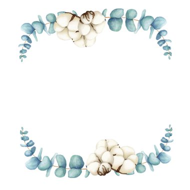 Çiçekli sulu çelenk okaliptüs ve pamuk. Beyaz arka planda el çizimi. Botanik sanat geçmişi. Düğün kırtasiyesi, selamlar, duvar kağıtları, moda, geçmiş. Okaliptüs