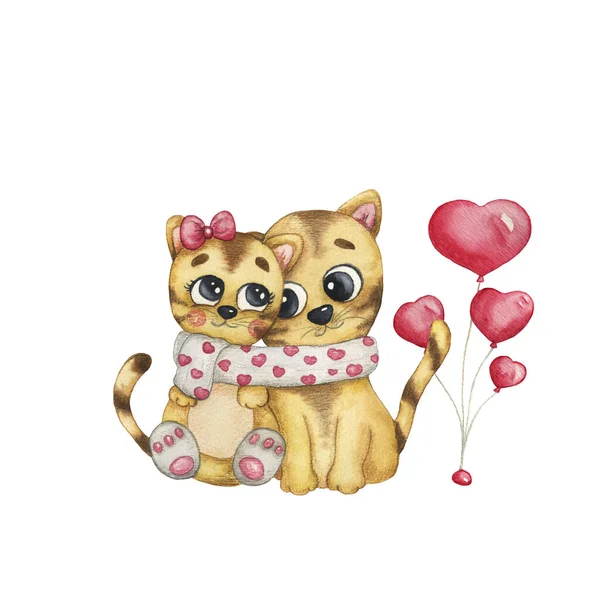 Gatos aquarela apaixonados por balões, ilustração para o Dia dos Namorados. Isolado em fundo branco. Use para cartão, cartão postal, cartaz Fotografia De Stock